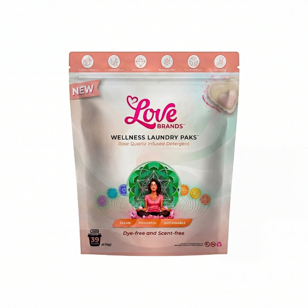 Dye & Scent Free Mastercase by Love Brands, full bulk carton holding ten pouches of laundry paks for fragrance-free washing