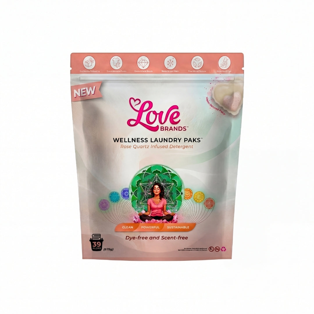 Dye & Scent Free Mastercase by Love Brands, full bulk carton holding ten pouches of laundry paks for fragrance-free washing