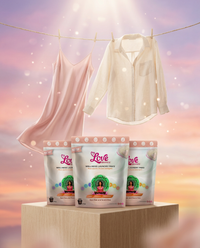 Dye Free & Scent Free Triple Pak by Love Brands, three fragrance-free laundry pouches displayed together with a 15% off promo badge