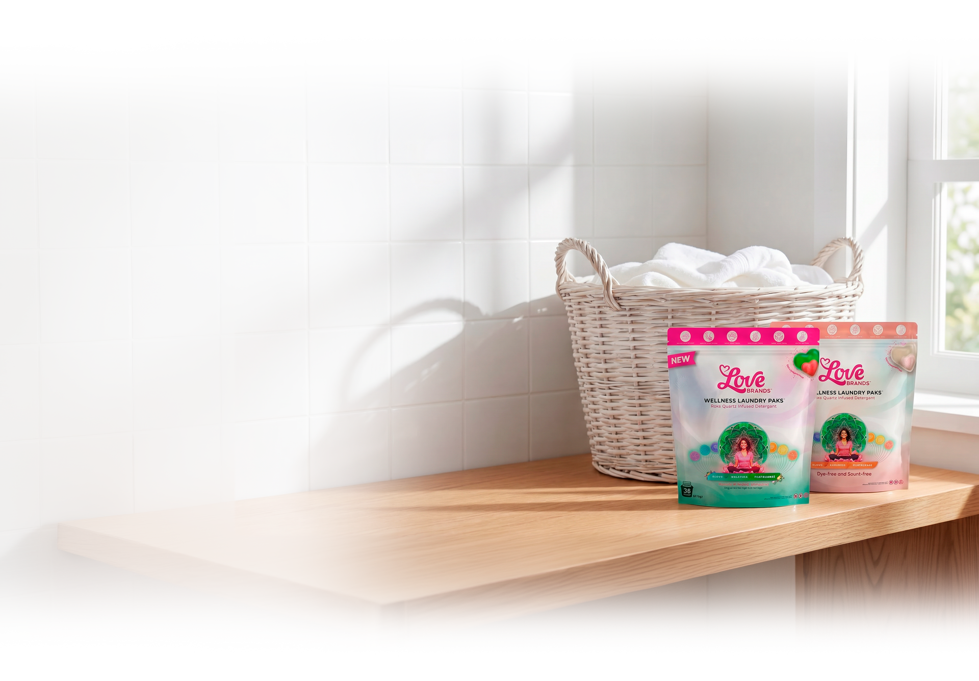 Love Brands laundry paks beside a woven laundry basket