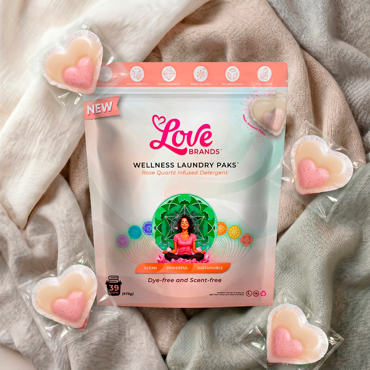 Love Paks Dye & Scent Free laundry pods in a minimalist white pack, front-facing hero shot showcasing plant-based, eco-friendly design