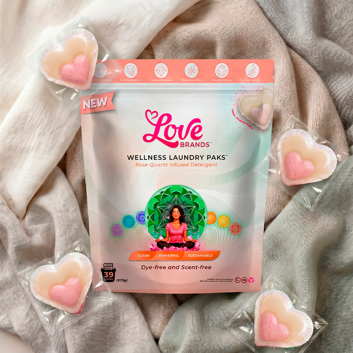 Love Paks Dye & Scent Free laundry pods in a minimalist white pack, front-facing hero shot showcasing plant-based, eco-friendly design