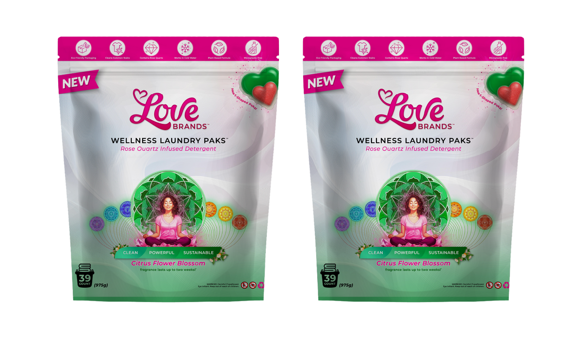 Two pouches of Love Paks Citrus Flower Blossom laundry paks side by side