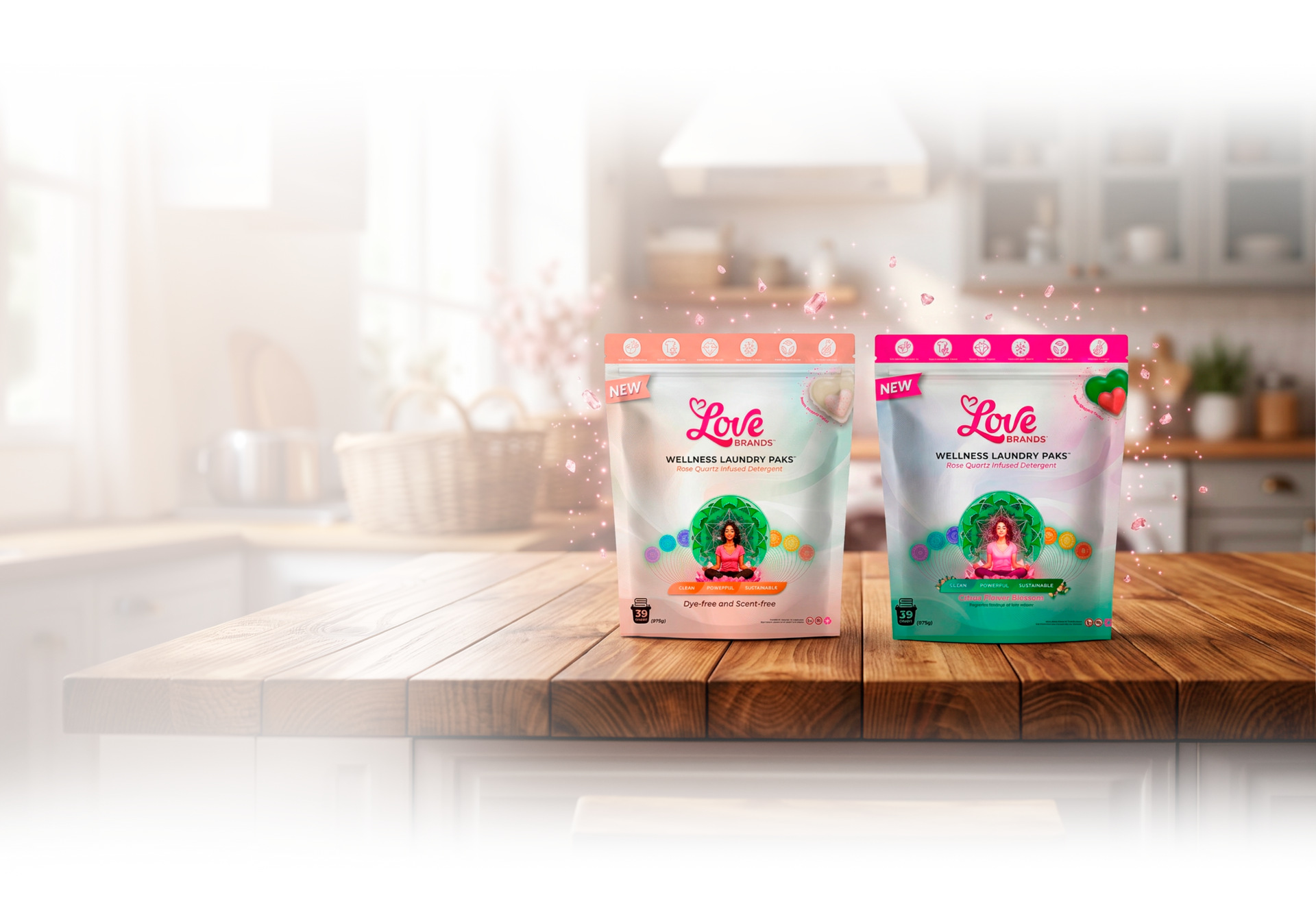 Love Brands wellness laundry paks on a kitchen counter