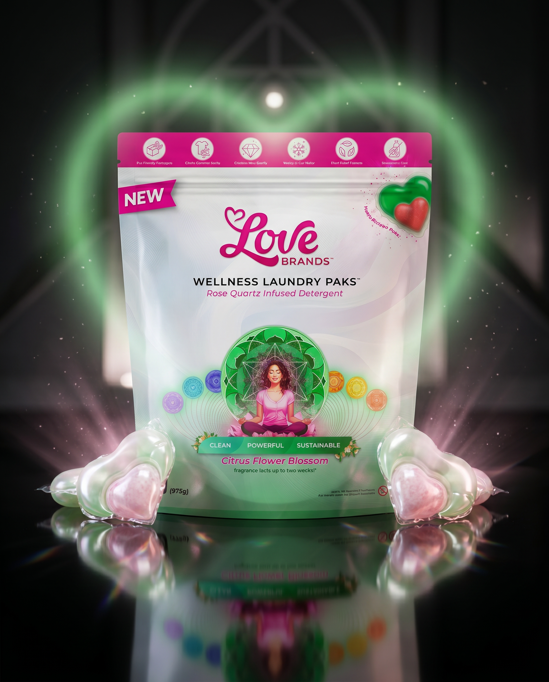 Love Paks Citrus Flower Blossom variant packaging, front view highlighting the heart-shaped plant-based laundry pods inside