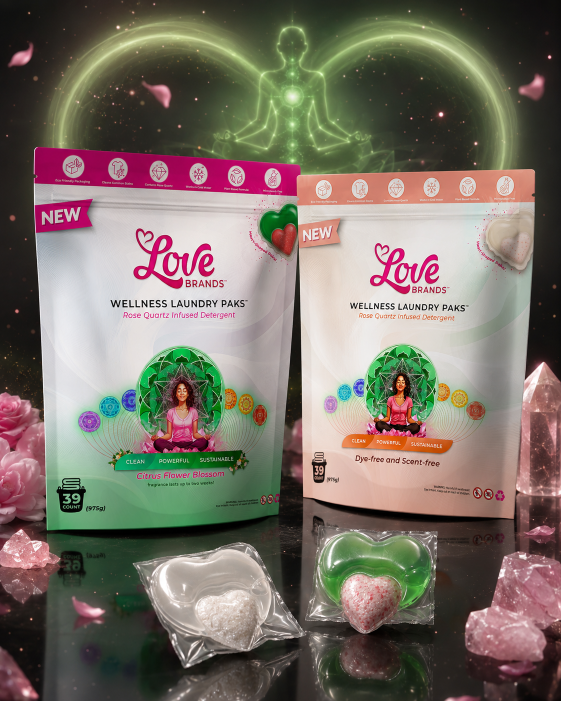Love Paks heart-shaped laundry pods in Citrus Flower Blossom and Dye & Scent Free, shown side by side in rose quartz packaging