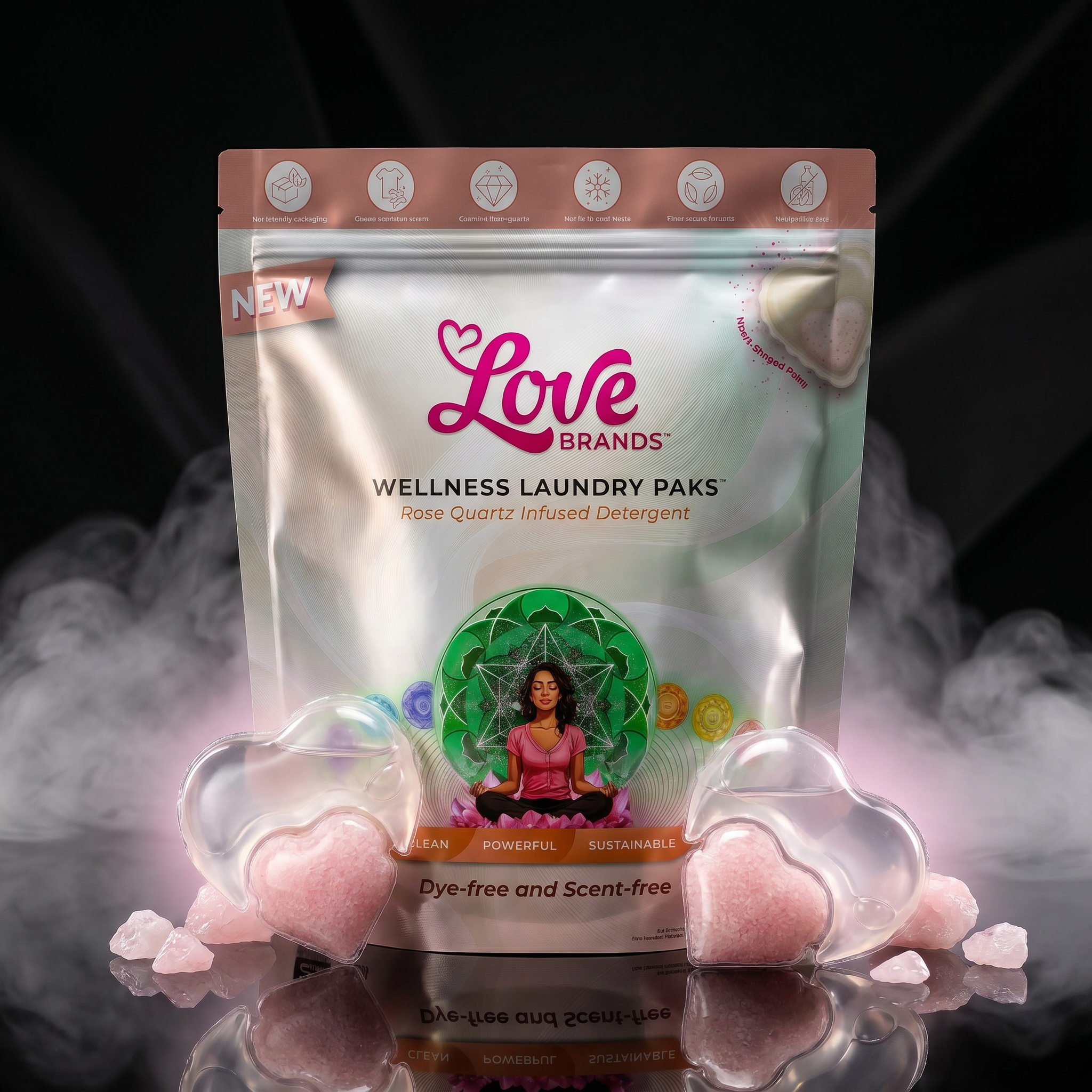 Love Paks Dye & Scent Free variant packaging, front view of the fragrance-free heart-shaped laundry pods box