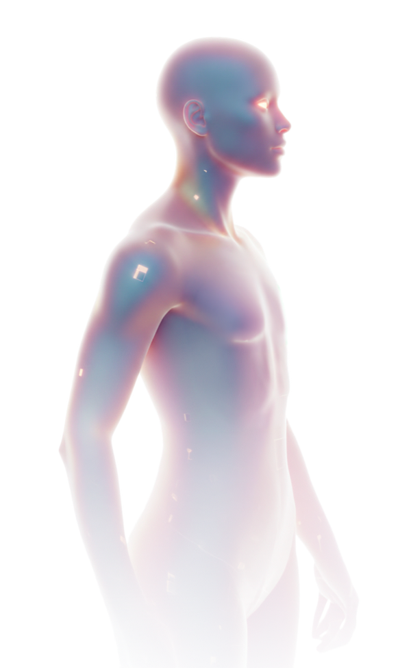 Iridescent human figure showing glowing energy points along the body