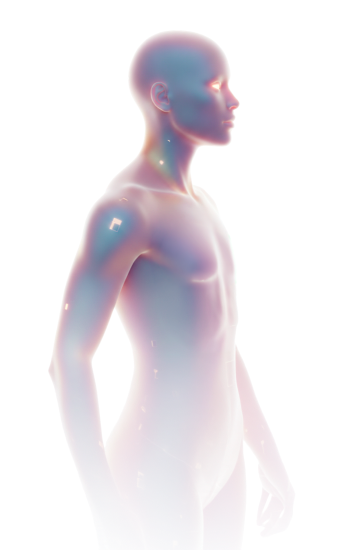 Iridescent human figure showing glowing energy points along the body