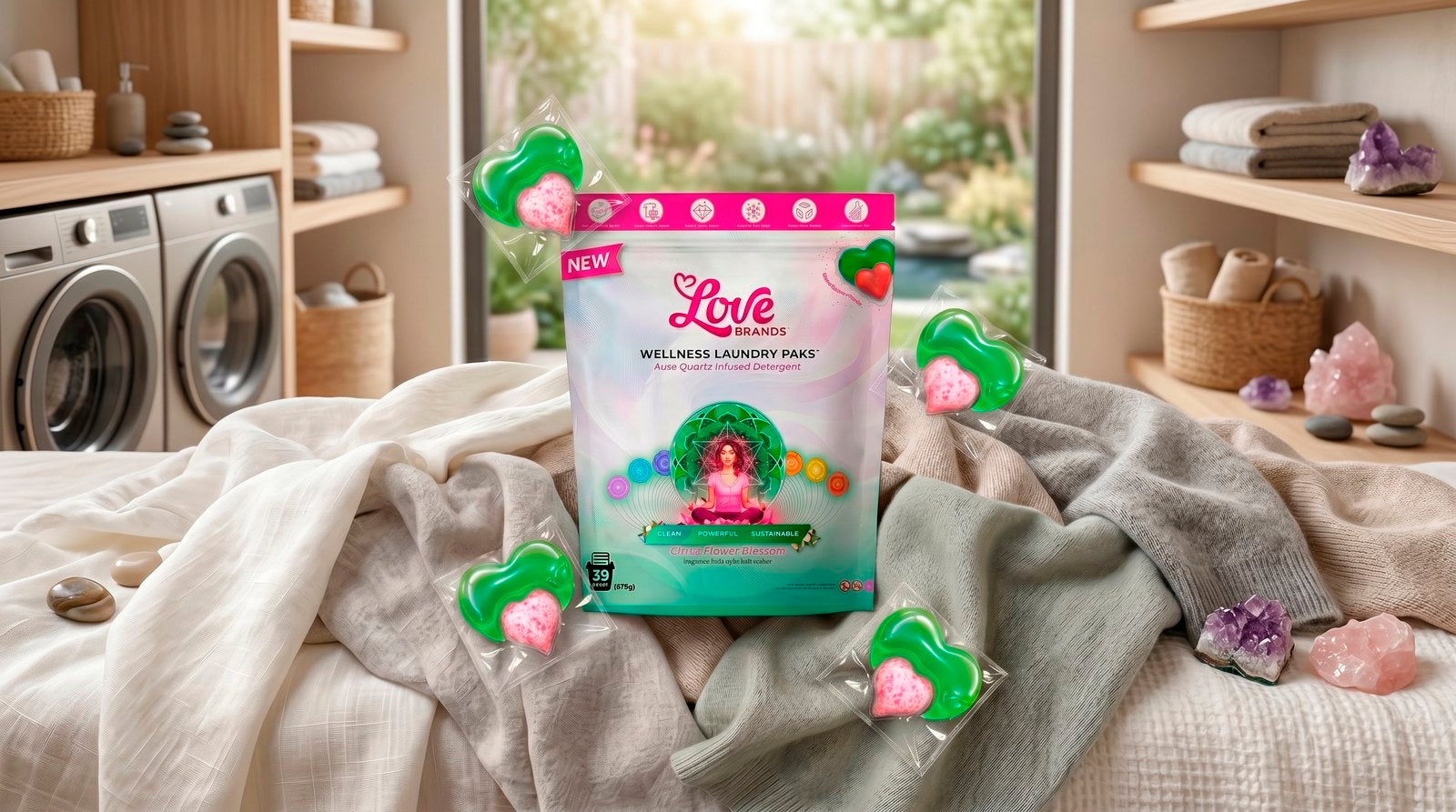 A Love Brands pak held over freshly laundered fabric